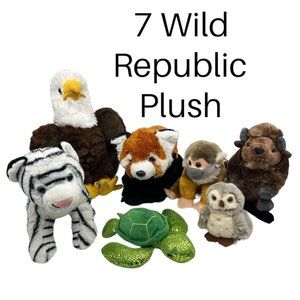 Wild Republic Plush Stuffed Animal Lot of 7 12”-6” Eagle Panda Turtle Owl Bison